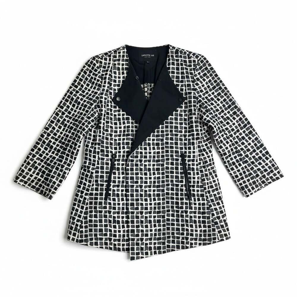 Lafayette 148 New York Geometric Grid Asymmetric Snap Front Jacket Size 10